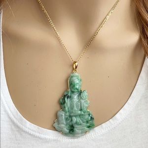 14K Real Gold Large Kwan Yin Buddha Jade Pendant